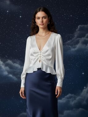 For Love And Lemons White Isabella Ruched Satin Blouse